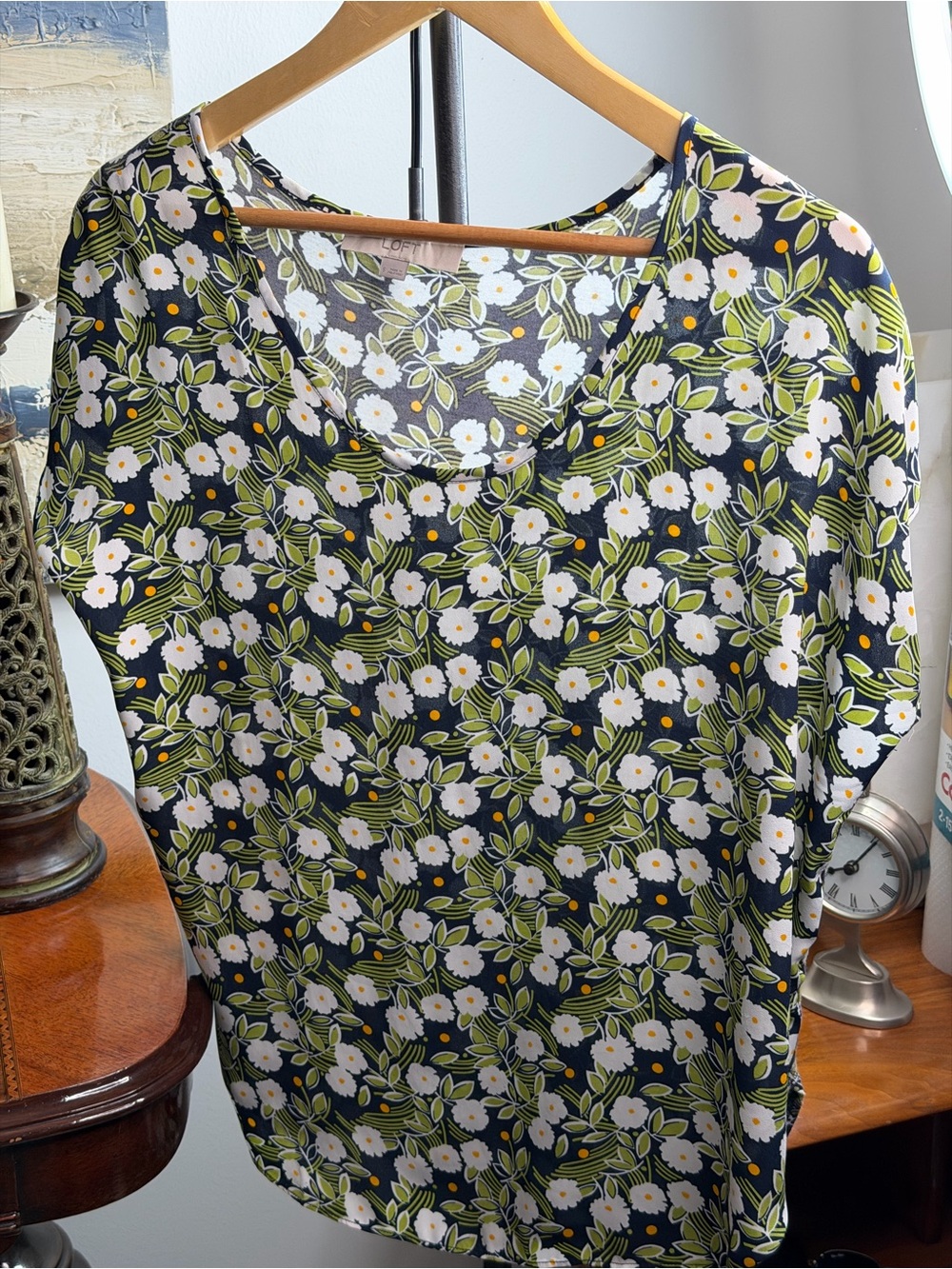 LOFT Navy Floral Short Sleeve Top with White & Green Print